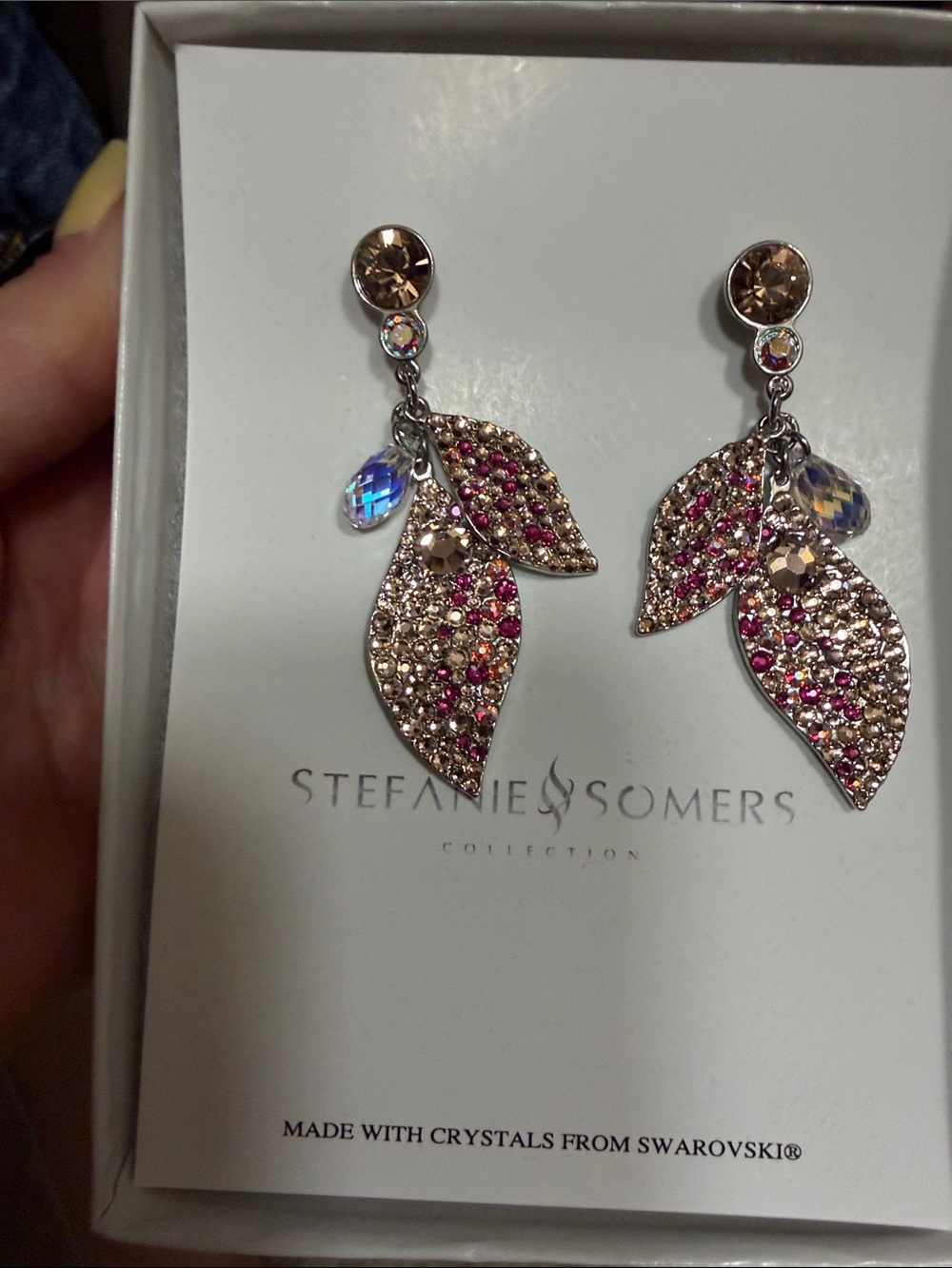 Stefanie Somers Pink Crystal Leaf Drop Earrings